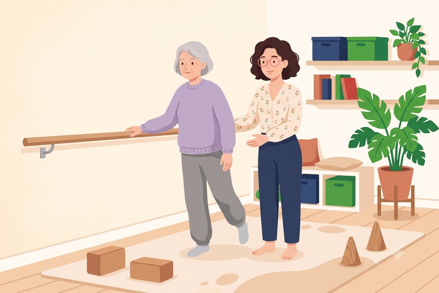 Travail de l'équilibre et prévention des chutes avec une personne âgée, en séance de psychomotricité