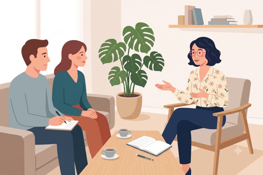 Échange entre la psychomotricienne et des parents au cabinet