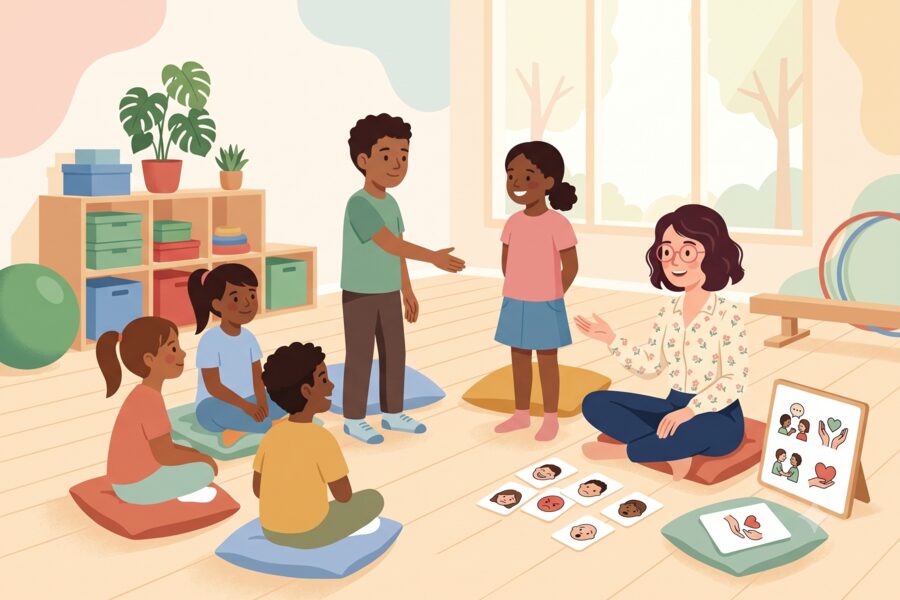 Groupe d'entraînement aux habiletés sociales : enfants en jeu de rôle avec la psychomotricienne